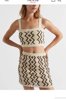Seed Heritage Crochet Knit Crop Top & Skirt Set Brown Cream Boho Size Small